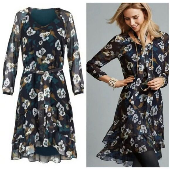 Cabi Women's Size S Blue Floral Sheer Pirouetee Drop Waist Teired Midi Dress - Picture 7 of 16